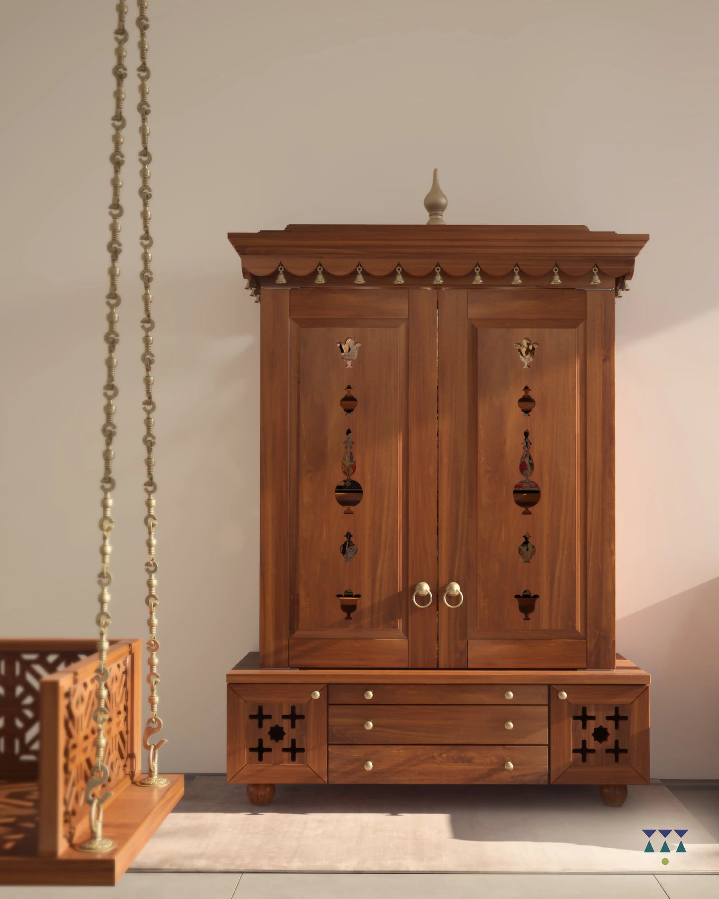 AMOD - Beautifully Crafted Free-Standing Puja Temple with Door, Tray & Storage with Pure Brass Accents