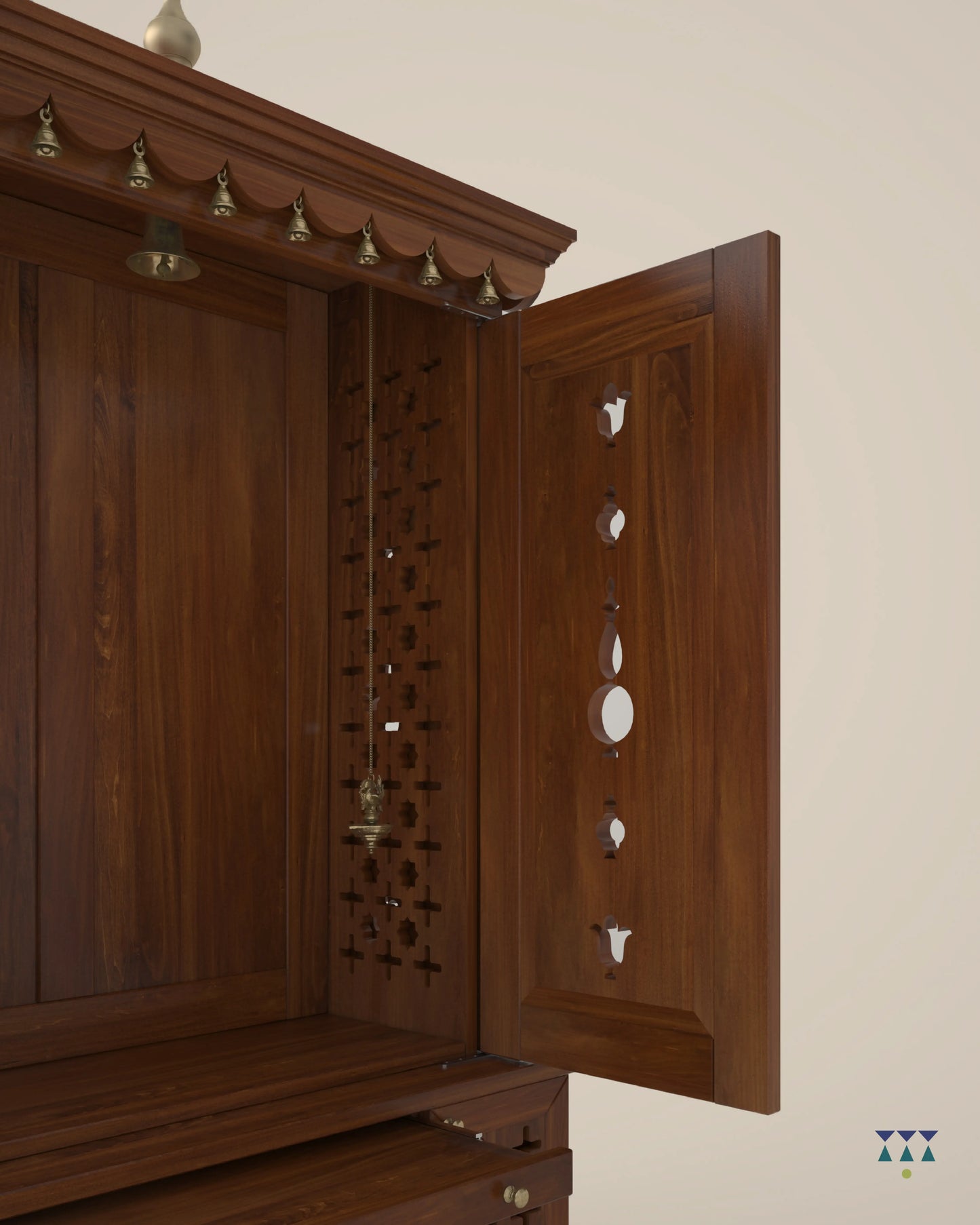 AMOD - Beautifully Crafted Free-Standing Puja Temple with Door, Tray & Storage with Pure Brass Accents