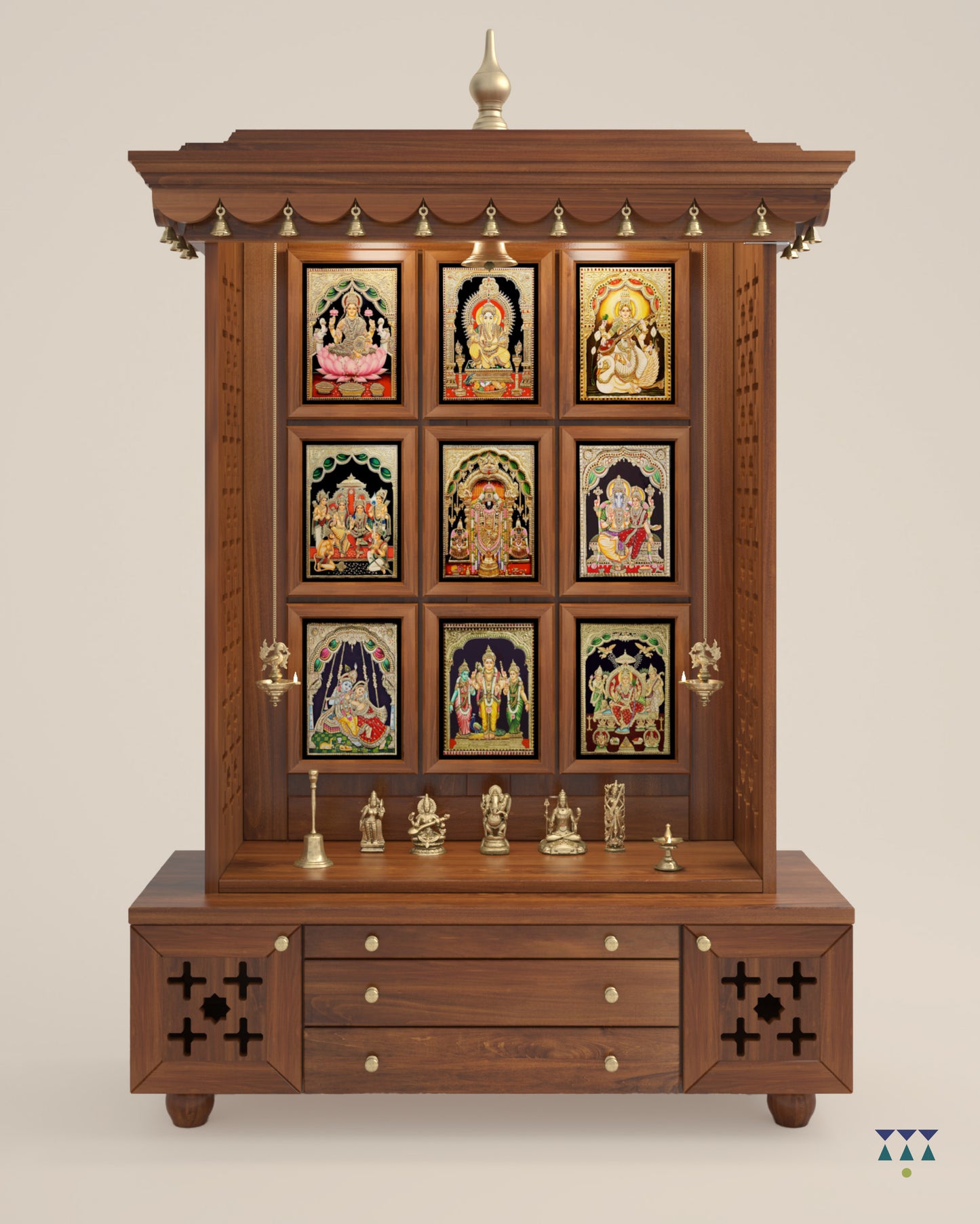 AMOD - Handcrafted wooden free standing pooja temple for home with storage unit, tray for nevedya & twin drawers in premium cherry brown PU finish