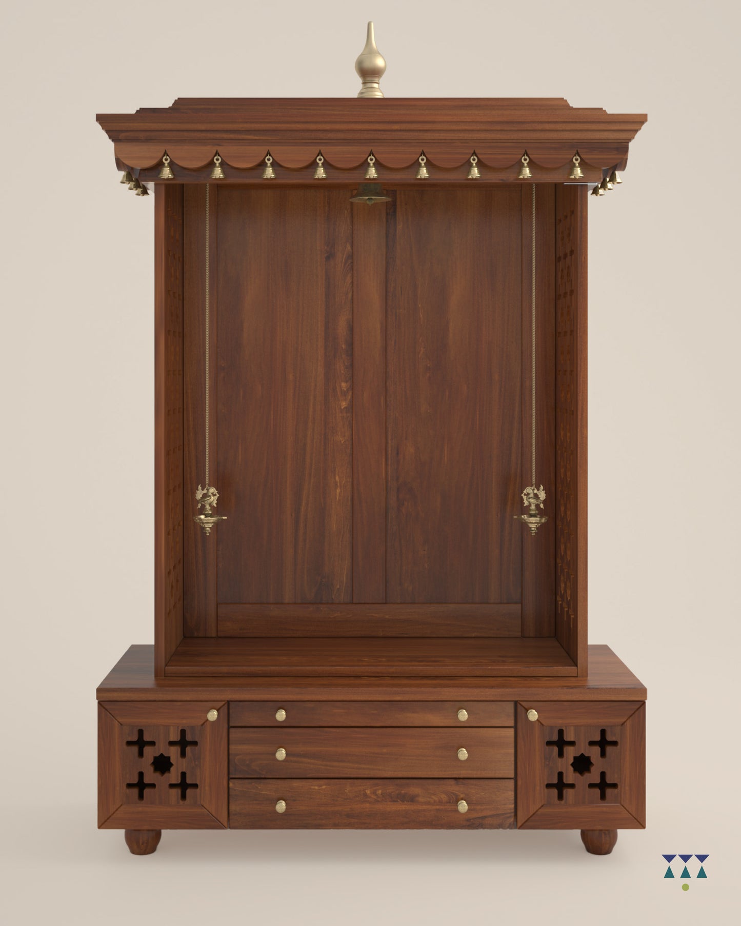 AMOD - Handcrafted wooden free standing pooja temple for home with storage unit, tray for nevedya & twin drawers in premium cherry brown PU finish