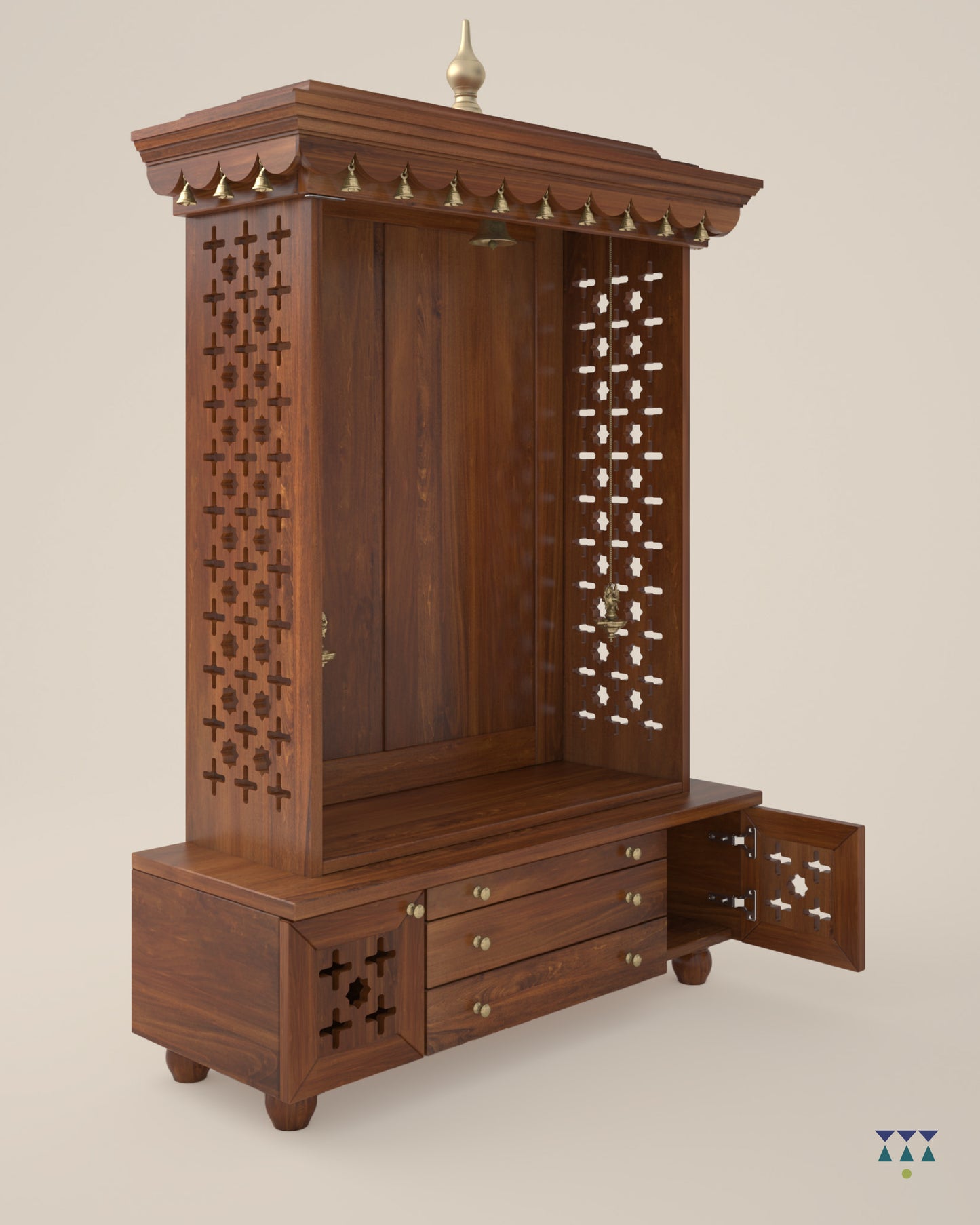 AMOD - Handcrafted wooden free standing pooja temple for home with storage unit, tray for nevedya & twin drawers in premium cherry brown PU finish