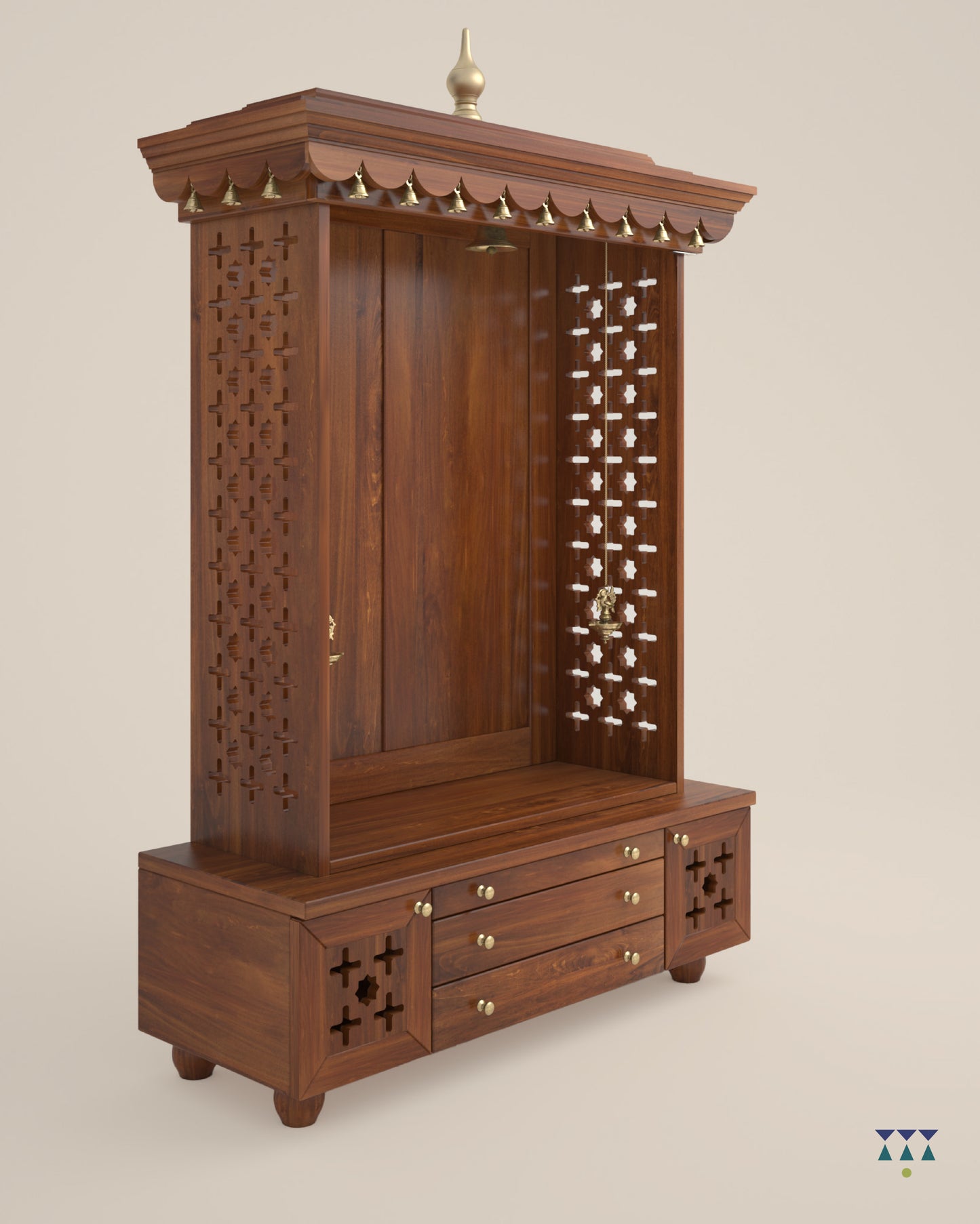 AMOD - Handcrafted wooden free standing pooja temple for home with storage unit, tray for nevedya & twin drawers in premium cherry brown PU finish