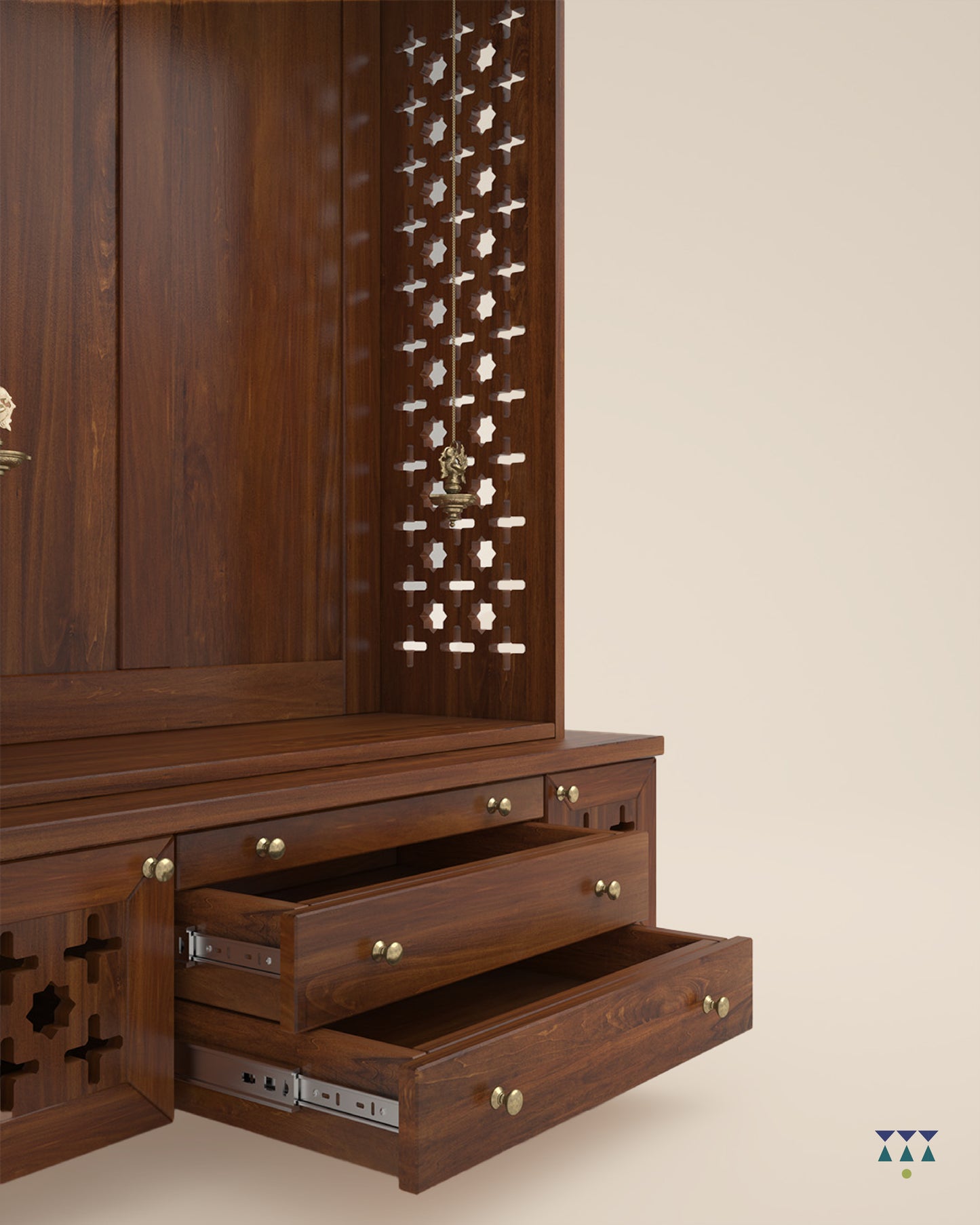 AMOD - Handcrafted wooden free standing pooja temple for home with storage unit, tray for nevedya & twin drawers in premium cherry brown PU finish
