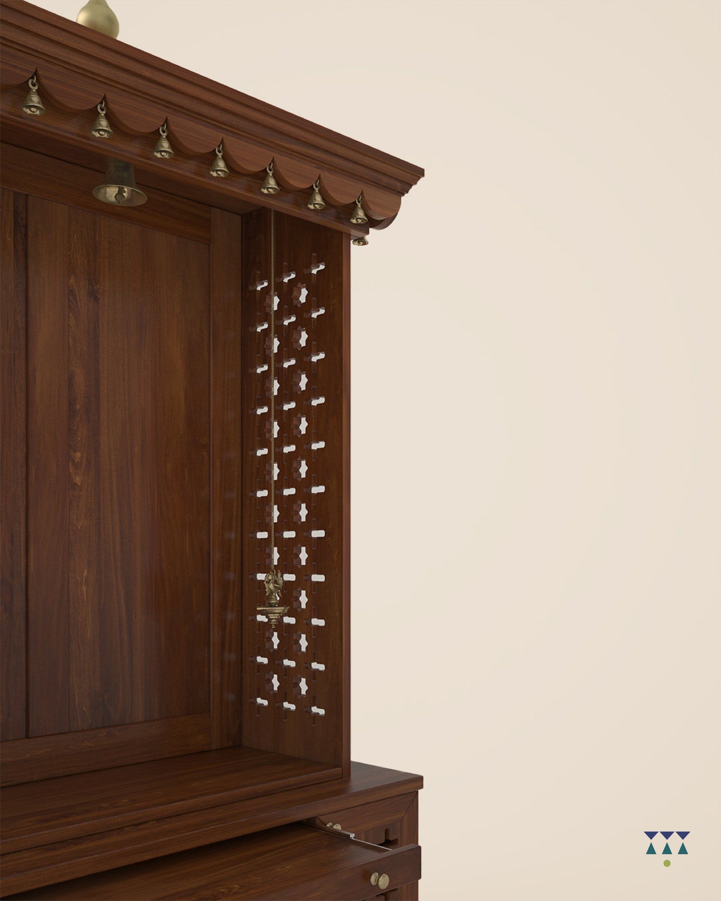 AMOD - Handcrafted wooden free standing pooja temple for home with storage unit, tray for nevedya & twin drawers in premium cherry brown PU finish