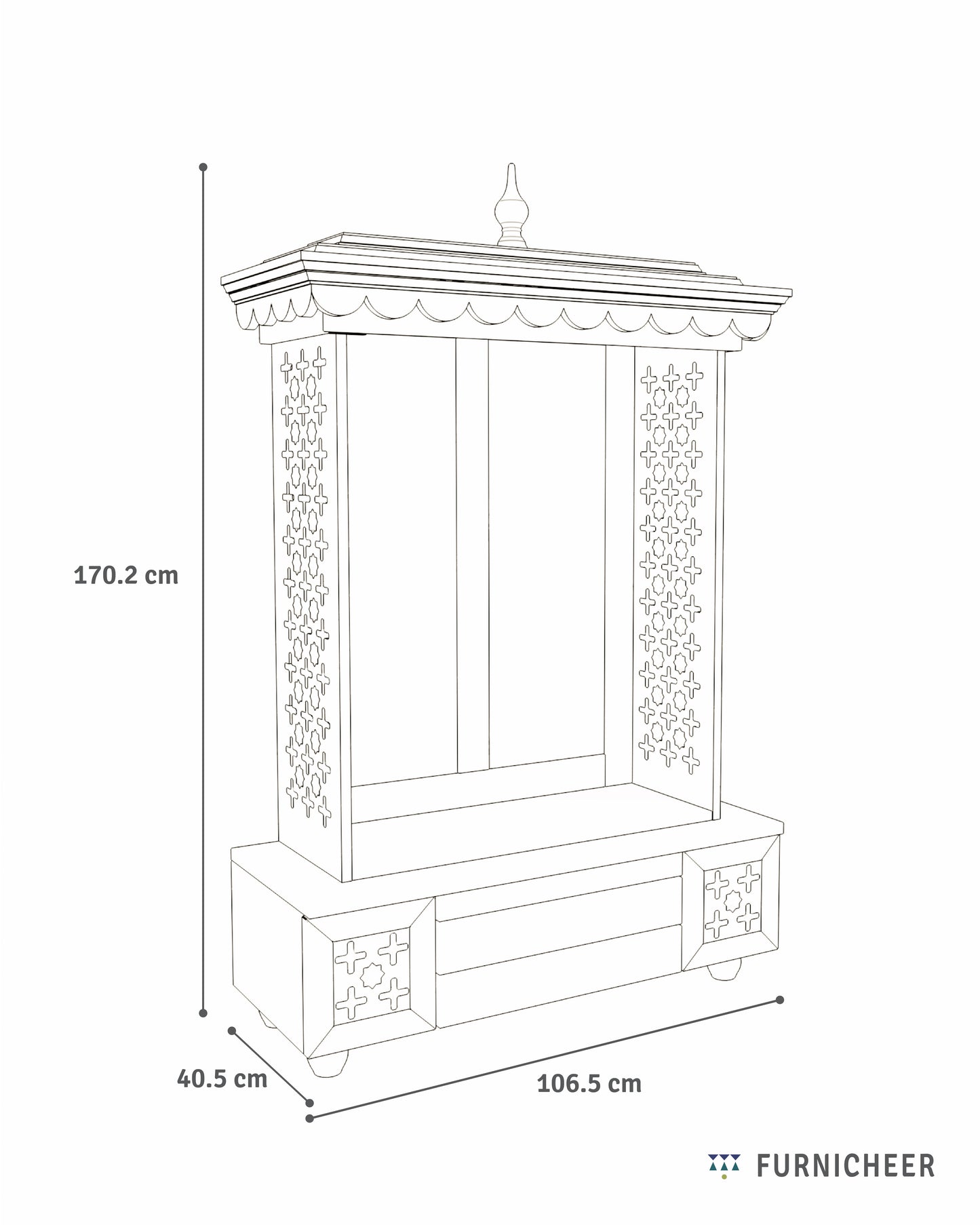 AMOD - Handcrafted wooden free standing pooja temple for home with storage unit, tray for nevedya & twin drawers in premium cherry brown PU finish