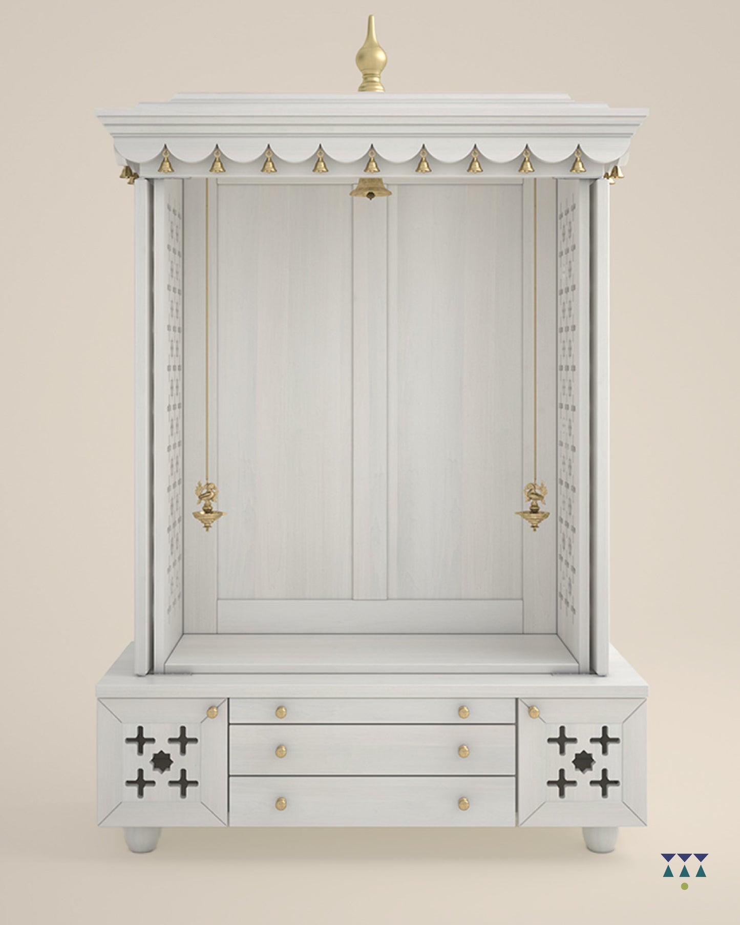 AMOD - Beautifully Crafted Free-Standing Puja Temple with Door, Tray & Storage with Pure Brass Accents