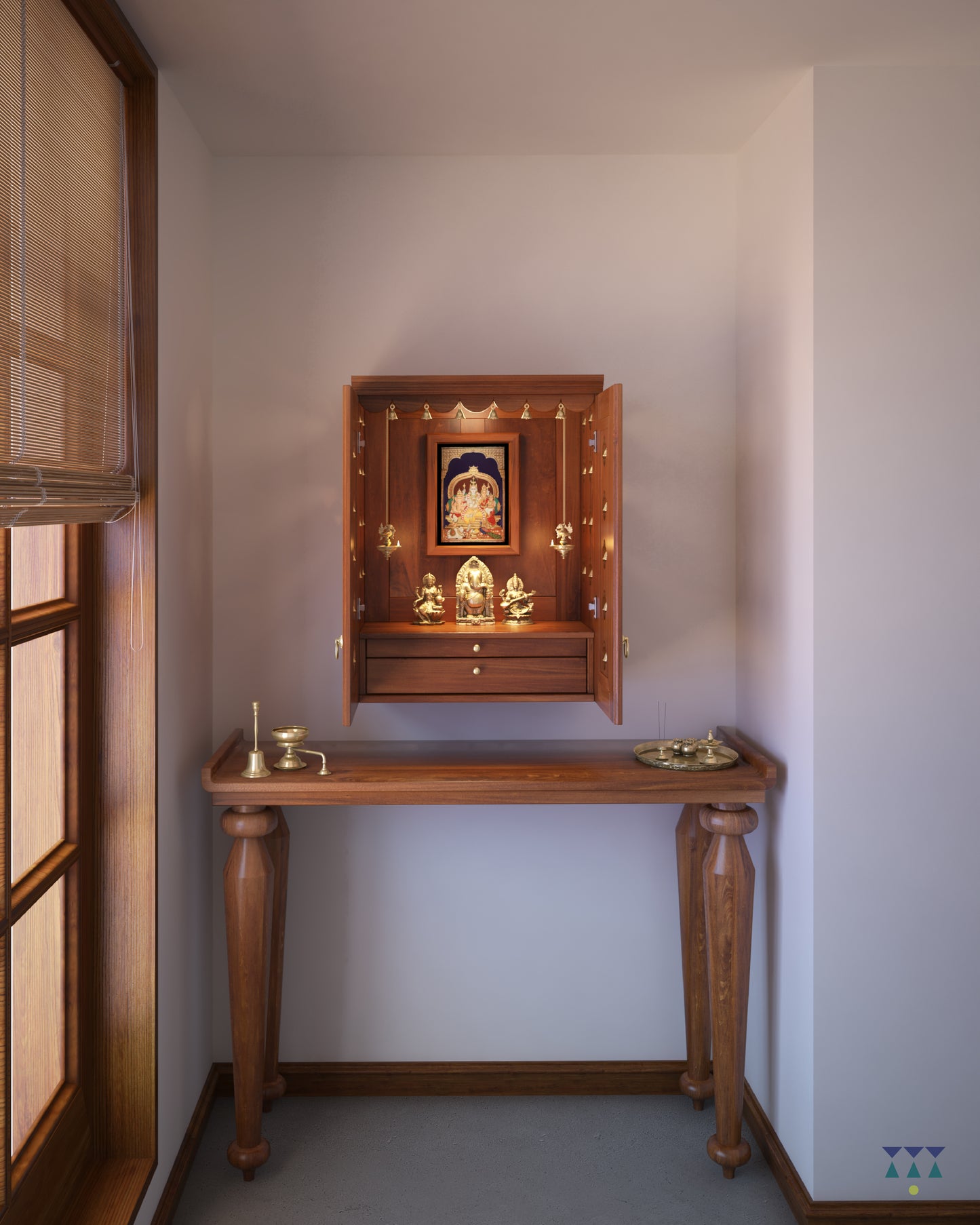 AVANEESH - Wall Mount Puja Mandir with Door Having Flower Cutouts & Bells