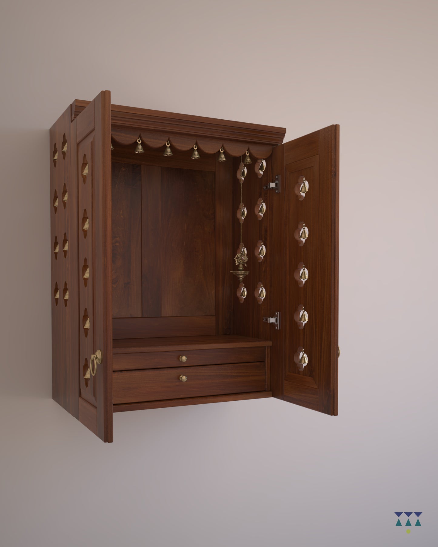AVANEESH - Wall Mount Puja Mandir with Door Having Flower Cutouts & Bells