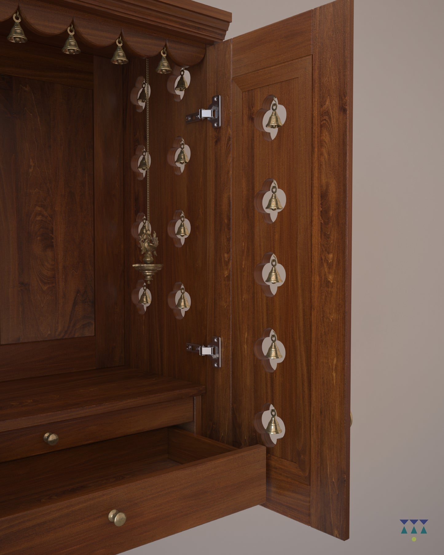 AVANEESH - Wall Mount Puja Mandir with Door Having Flower Cutouts & Bells