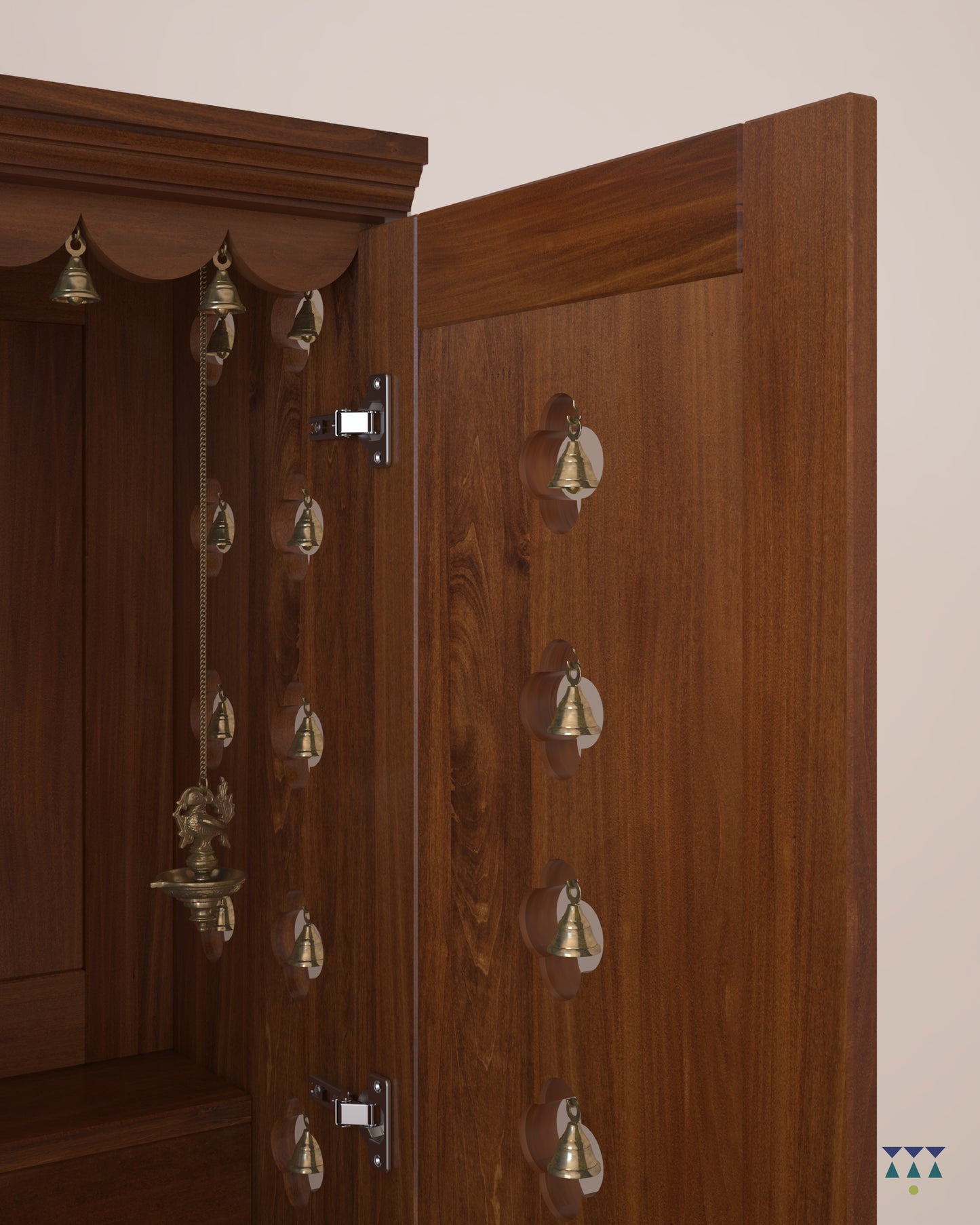 AVANEESH - Wall Mount Puja Mandir with Door Having Flower Cutouts & Bells