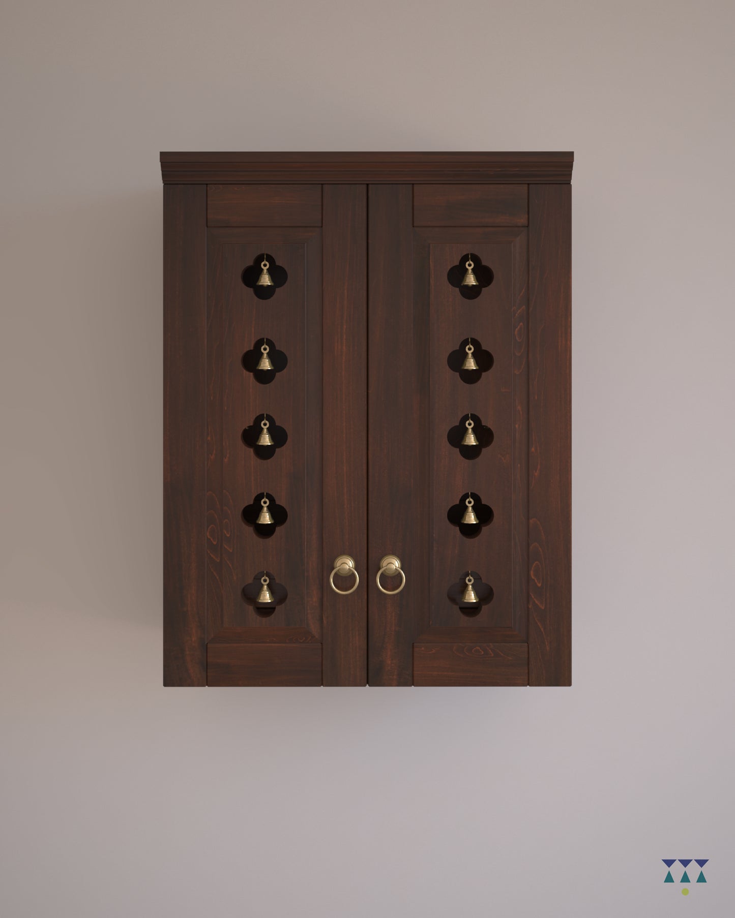 AVANEESH - Wall Mount Puja Mandir with Door Having Flower Cutouts & Bells