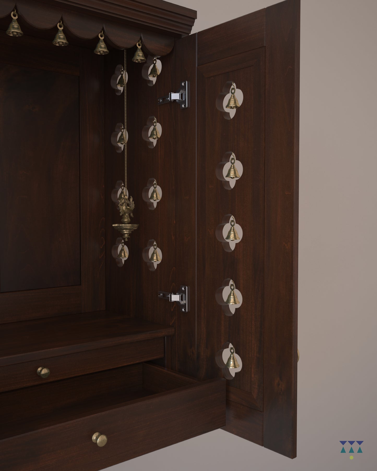 AVANEESH - Wall Mount Puja Mandir with Door Having Flower Cutouts & Bells