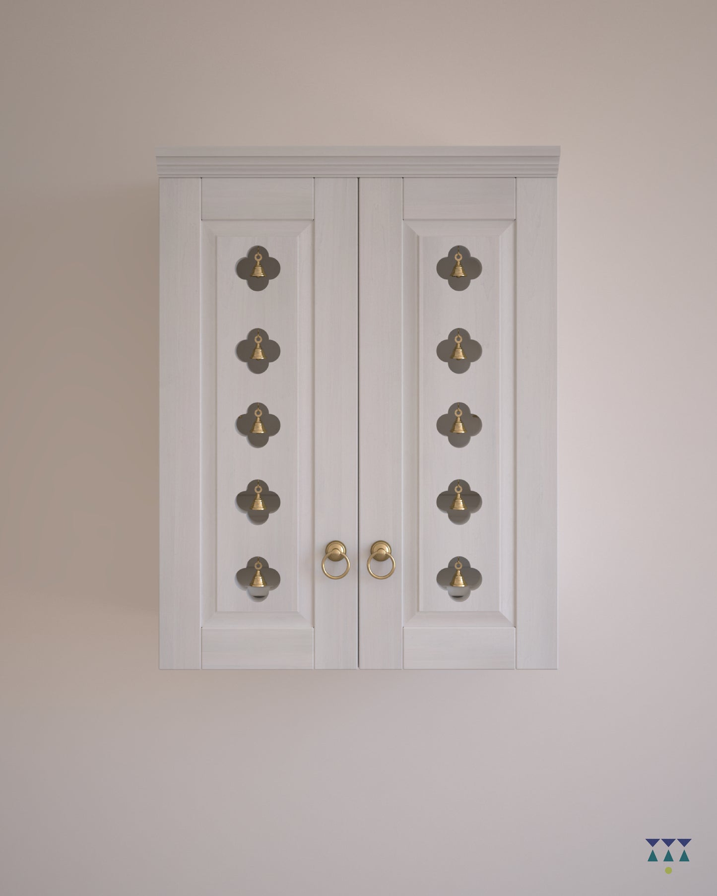 AVANEESH - Wall Mount Puja Mandir with Door Having Flower Cutouts & Bells