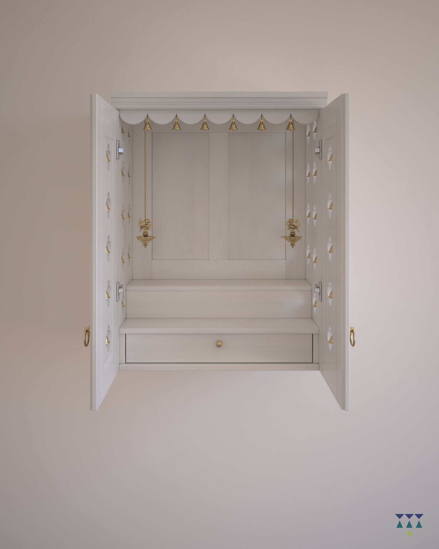 AVANEESH - Wall Mount Puja Mandir with Door Having Flower Cutouts & Bells