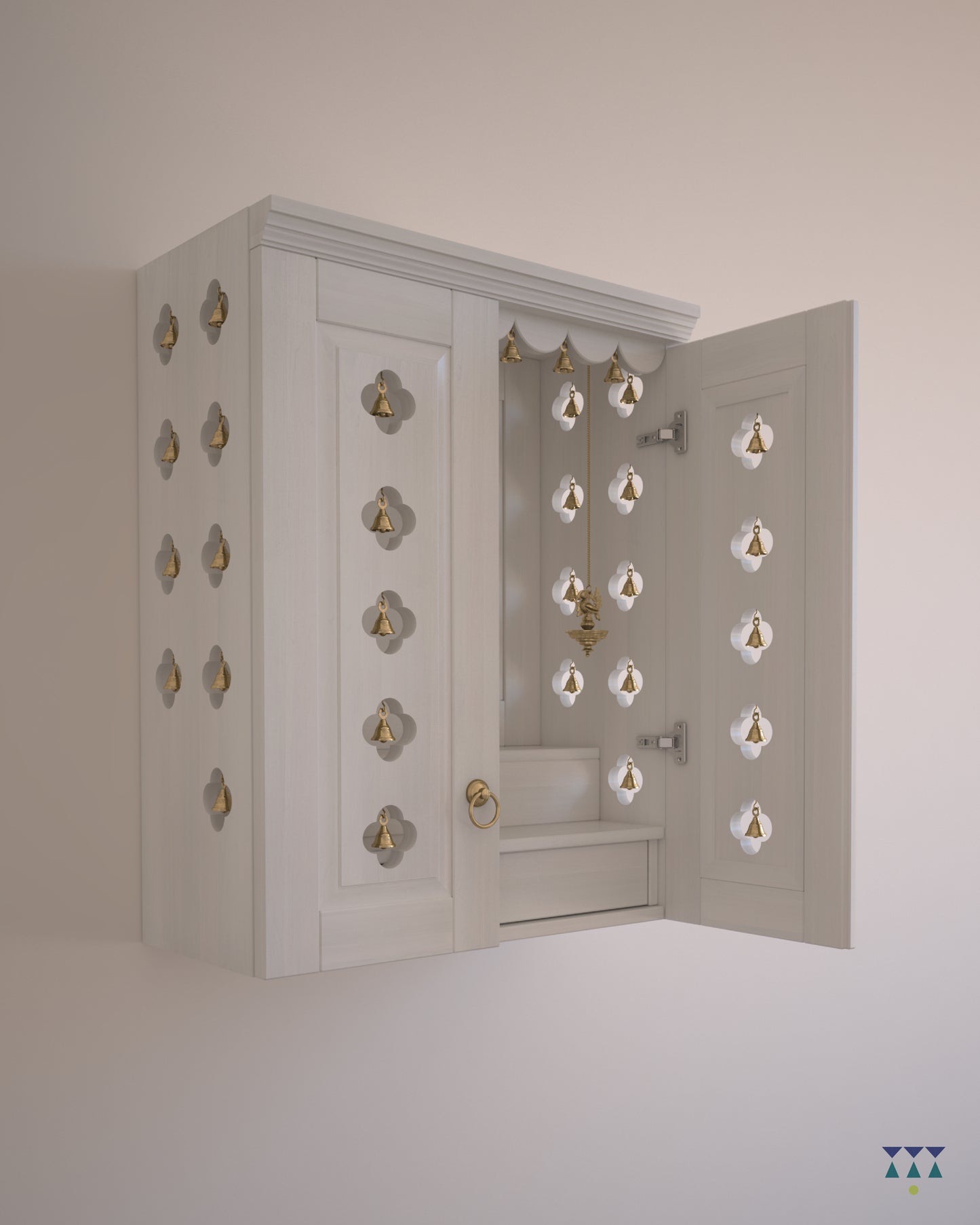 AVANEESH - Wall Mount Puja Mandir with Door Having Flower Cutouts & Bells