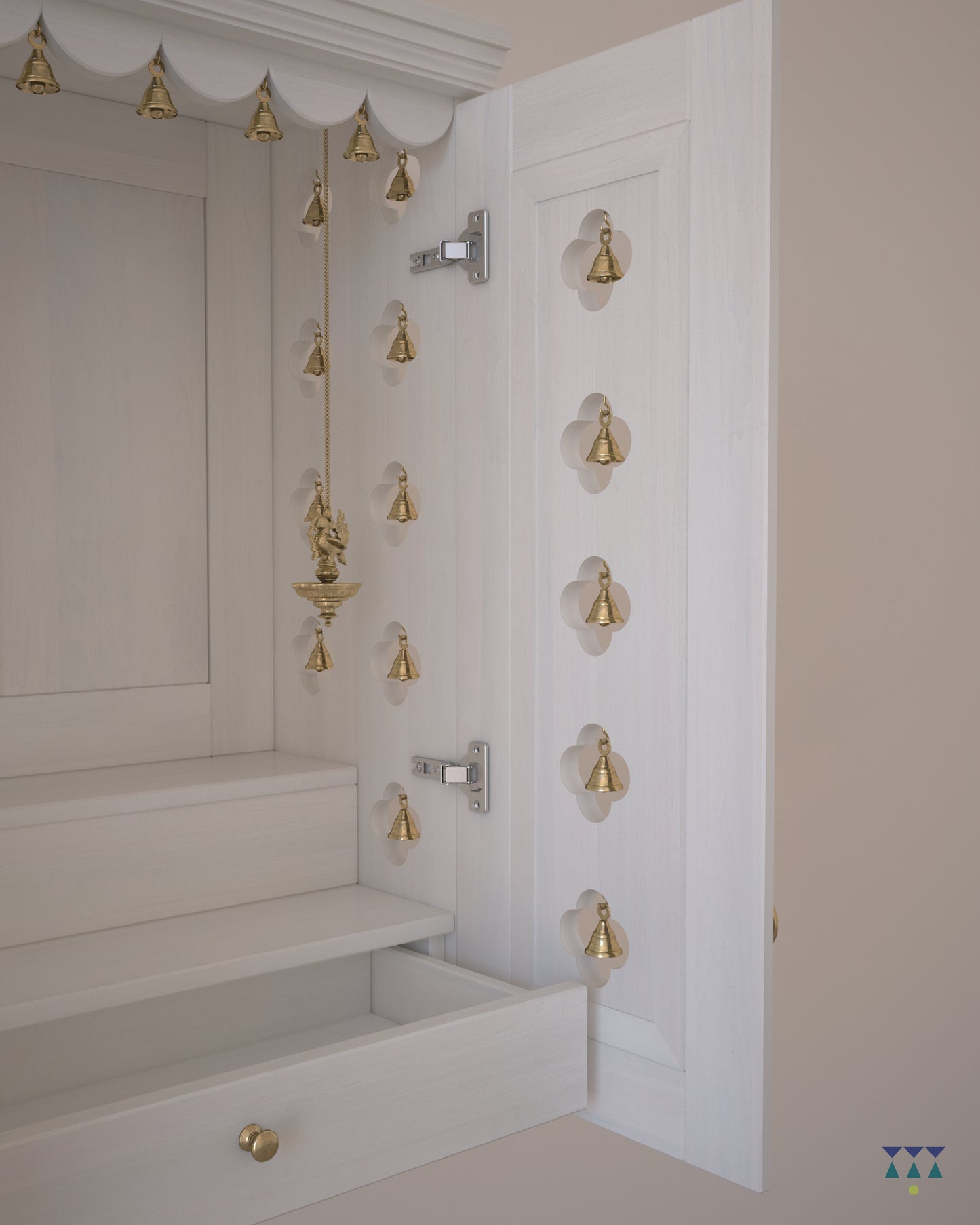 AVANEESH - Wall Mount Puja Mandir with Door Having Flower Cutouts & Bells