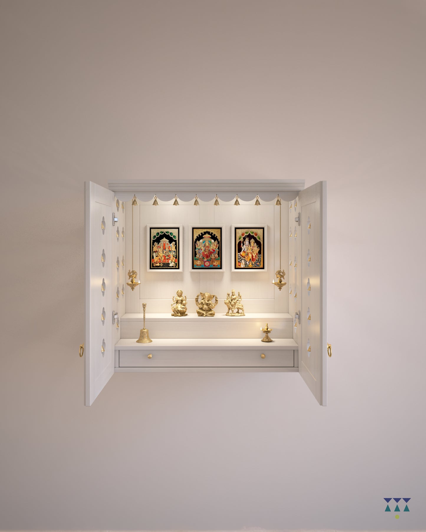 AVANEESH - Wall Mount Puja Mandir with Door Having Flower Cutouts & Bells