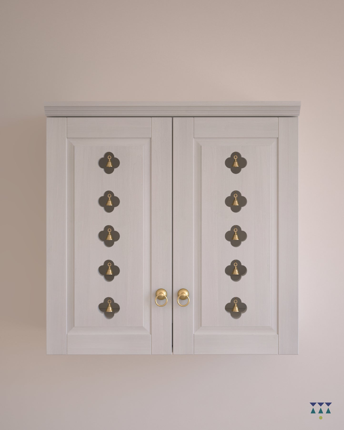 AVANEESH - Wall Mount Puja Mandir with Door Having Flower Cutouts & Bells