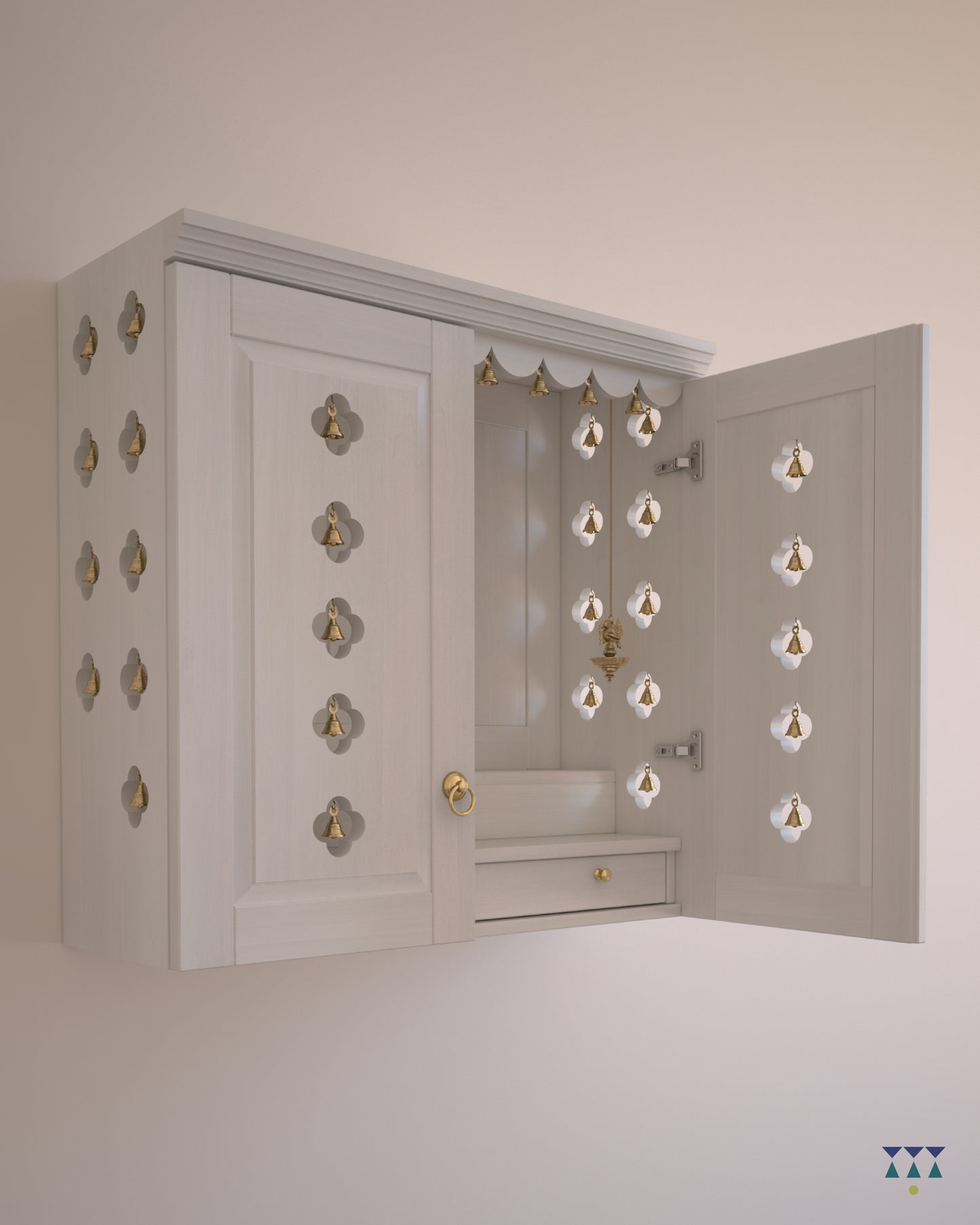 AVANEESH - Wall Mount Puja Mandir with Door Having Flower Cutouts & Bells