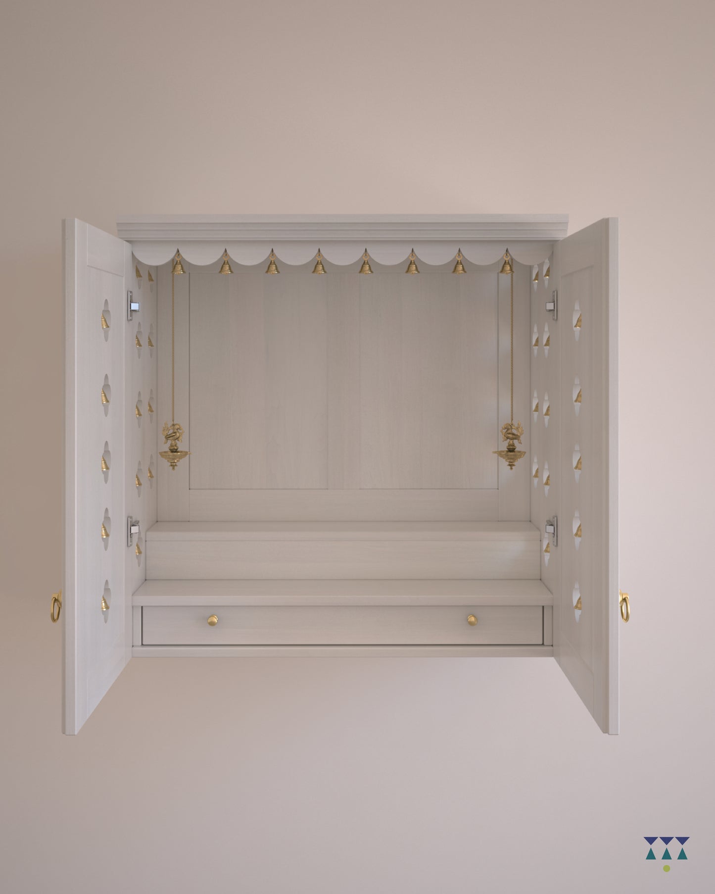 AVANEESH - Wall Mount Puja Mandir with Door Having Flower Cutouts & Bells