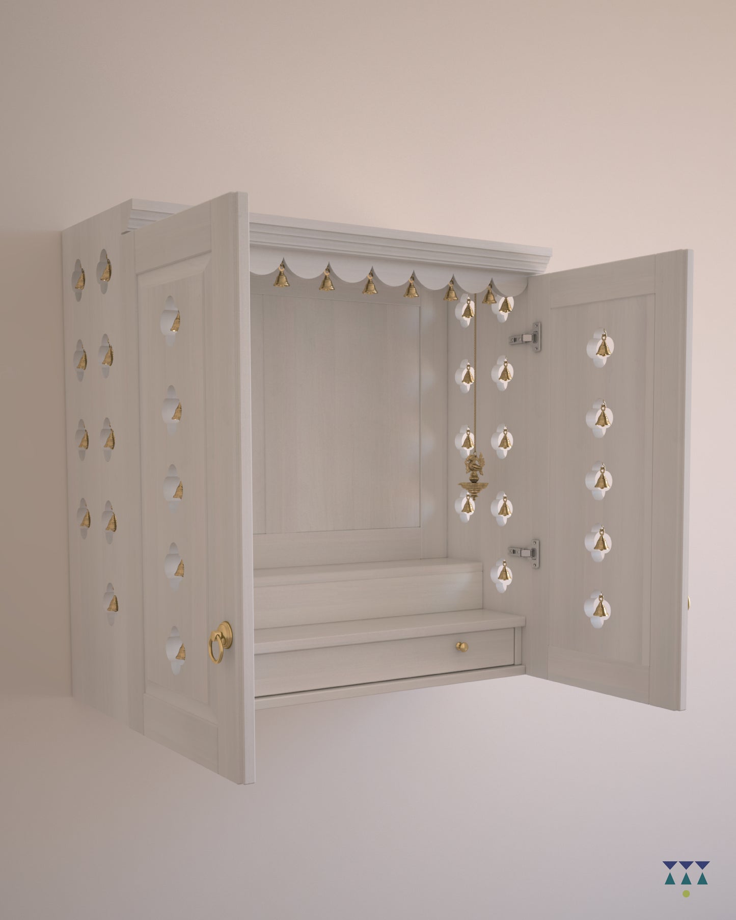 AVANEESH - Wall Mount Puja Mandir with Door Having Flower Cutouts & Bells
