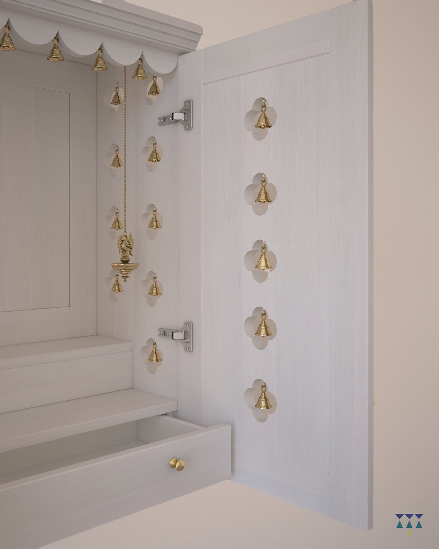 AVANEESH - Wall Mount Puja Mandir with Door Having Flower Cutouts & Bells