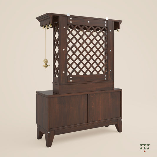 The back of a wooden mandir with pure brass elements, trellis patterns and storage with doors, tinted in tamarind brown