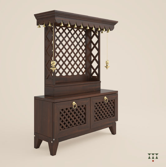 A wooden mandir with pure brass elements, trellis patterns and storage with doors, tinted in tamarind brown