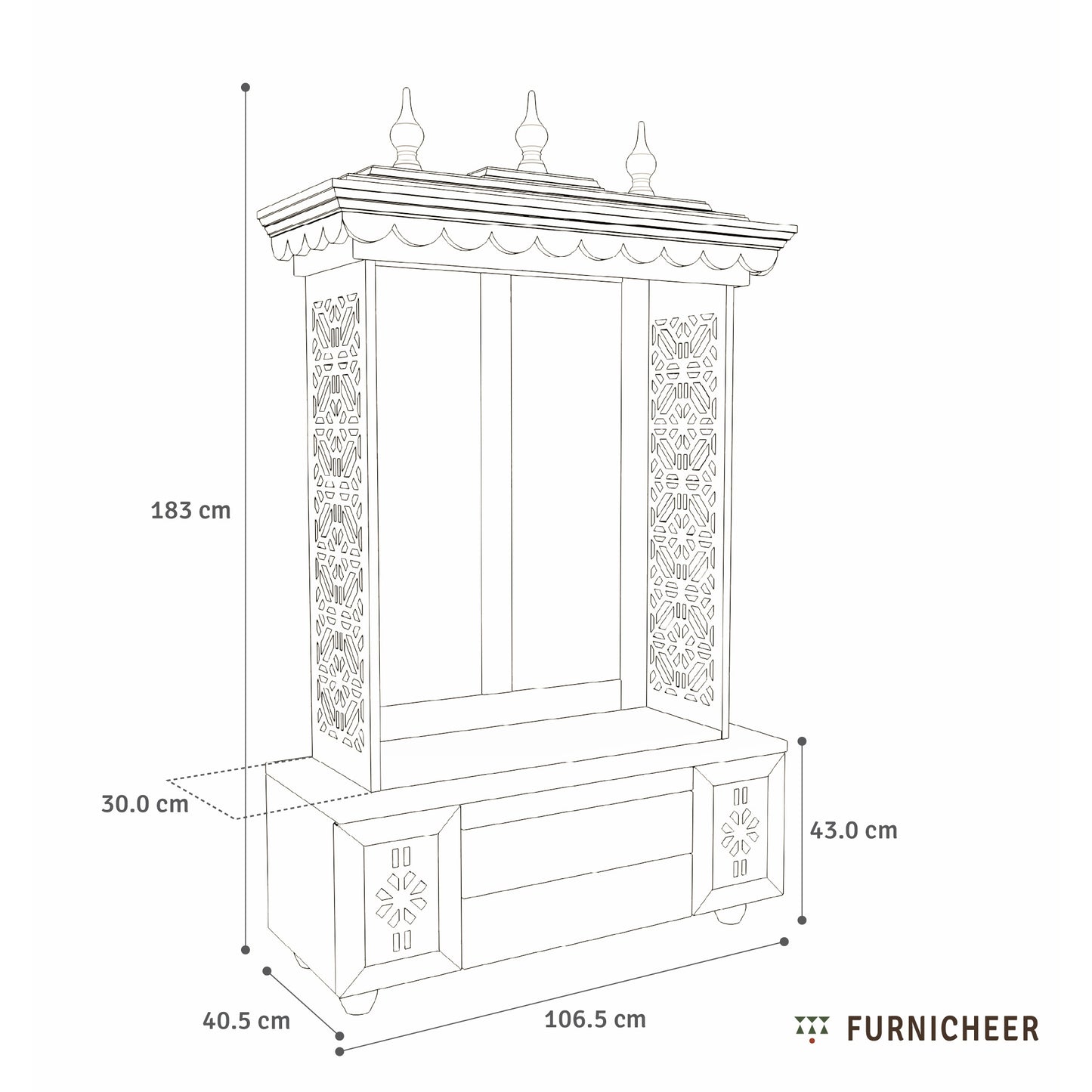 Line drawing of a cabinet with dimensions labeled, featuring the brand 'Furnicheer'.