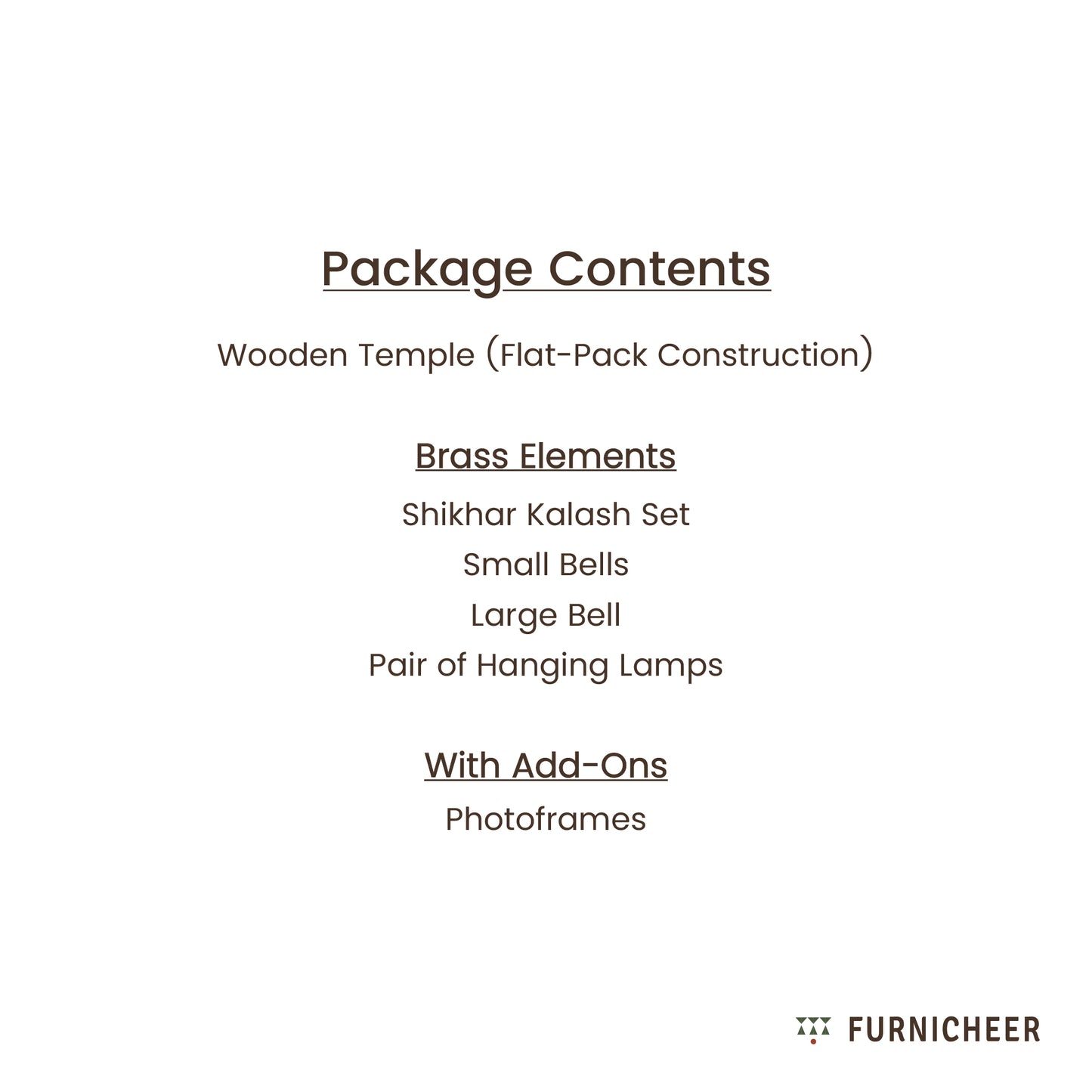 Package content list including the solid wood mandir, pure brass accessories and add-on photo frames