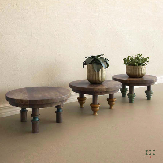 Plants displayed on a set of 3 low, solid wood accent tables with turned legs and contrasting tints