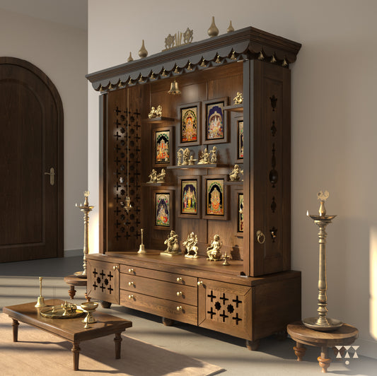 A solid wood mandir with pure brass bells, Tanjore art prints, cutwork designs and storage, tinted in a mocha brown color