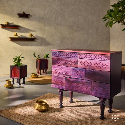 Handmade solid wood chest of drawers with a vibrant, purple tinted facade inspired by Indian textiles