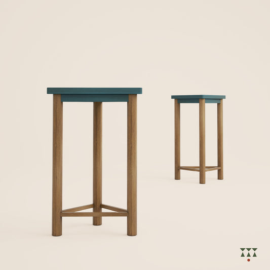 Set of 2 handcrafted wooden side tables with triangular tops tinted in blue and legs in a natural wood tint