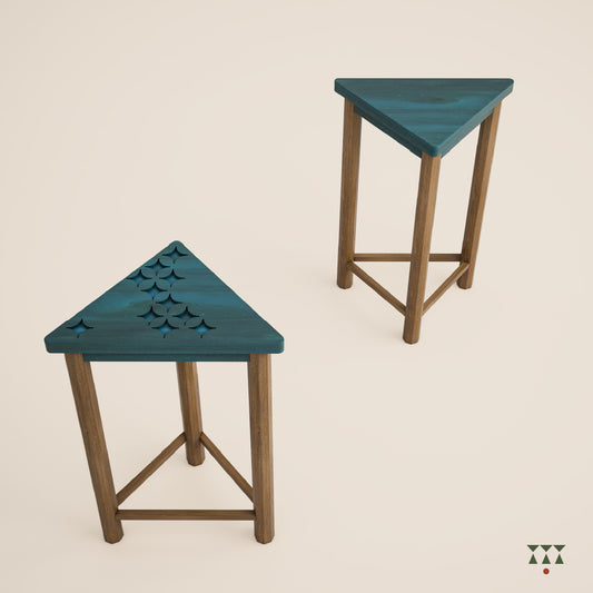 Set of 2 handcrafted wooden side tables with a triangular top tinted in blue, with one tabletop having cutout details