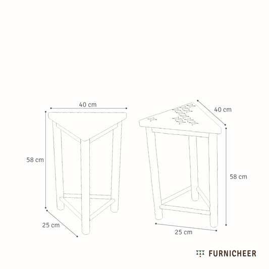 Line drawing of 2 wooden side tables with triangular tops with the dimensions 40cm x 58cm x 25cm