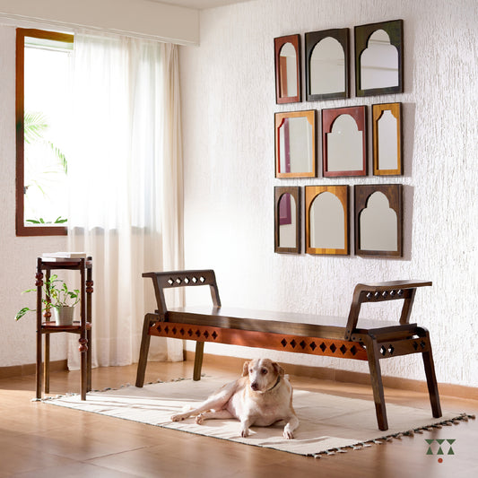 9 individual wood framed mirrors, with arch shapes tinted in moringa green, saffron orange, mustard yellow & mocha brown
