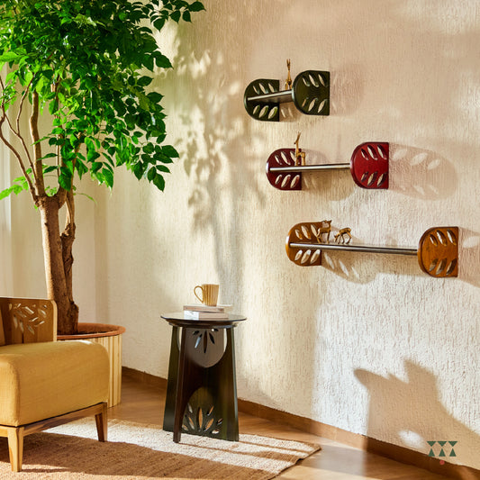 Set of 3, large solid wood shelves in assorted sizes. Each shelf is tinted in a different color with cutwork detailed ends