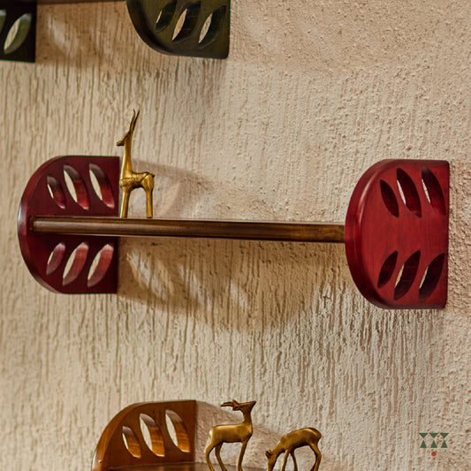 Set of 3, large solid wood shelves in assorted sizes with a close up of the middle shelf tinted in red with cutwork edges