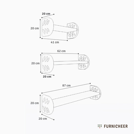 Line drawing of a set of 3, large solid wood shelves with cutwork edge details in assorted sizes and dimensions