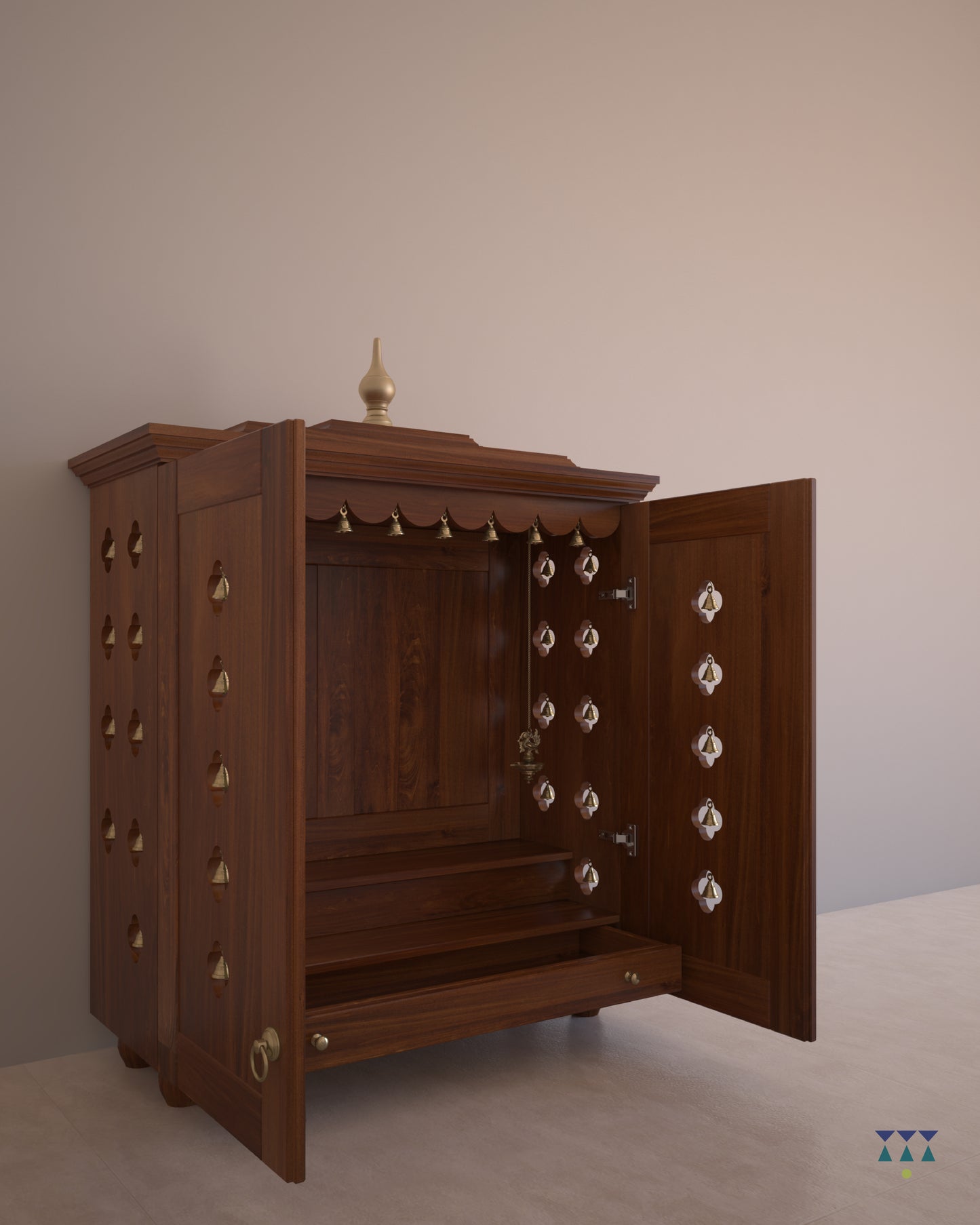 GAURIK - Handcrafted Solid Wood 2-Step Puja Temple Mandir with Drawer