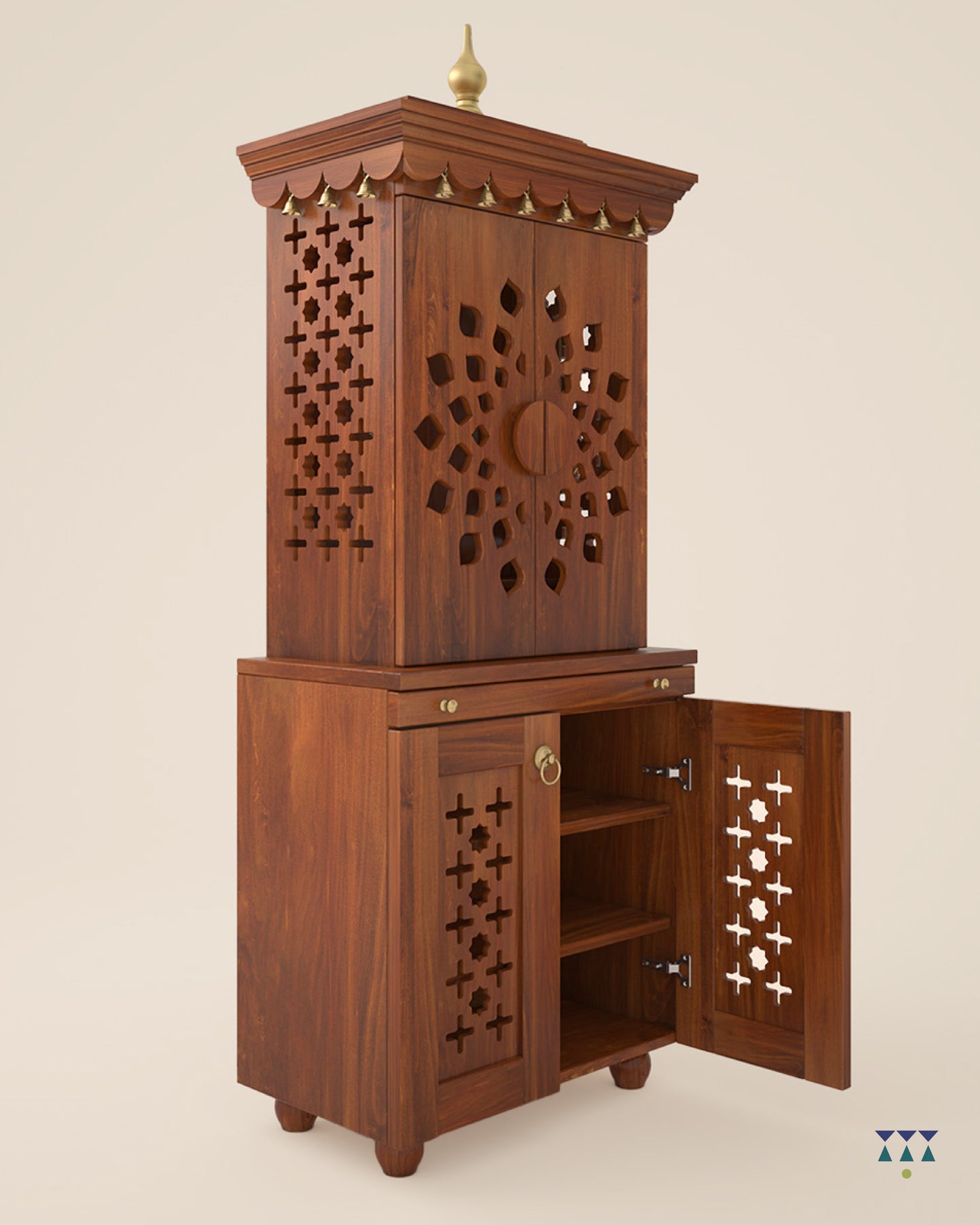 GAURYA - Beautiful Free Standing Puja Mandapam with Doors & Brass Accents