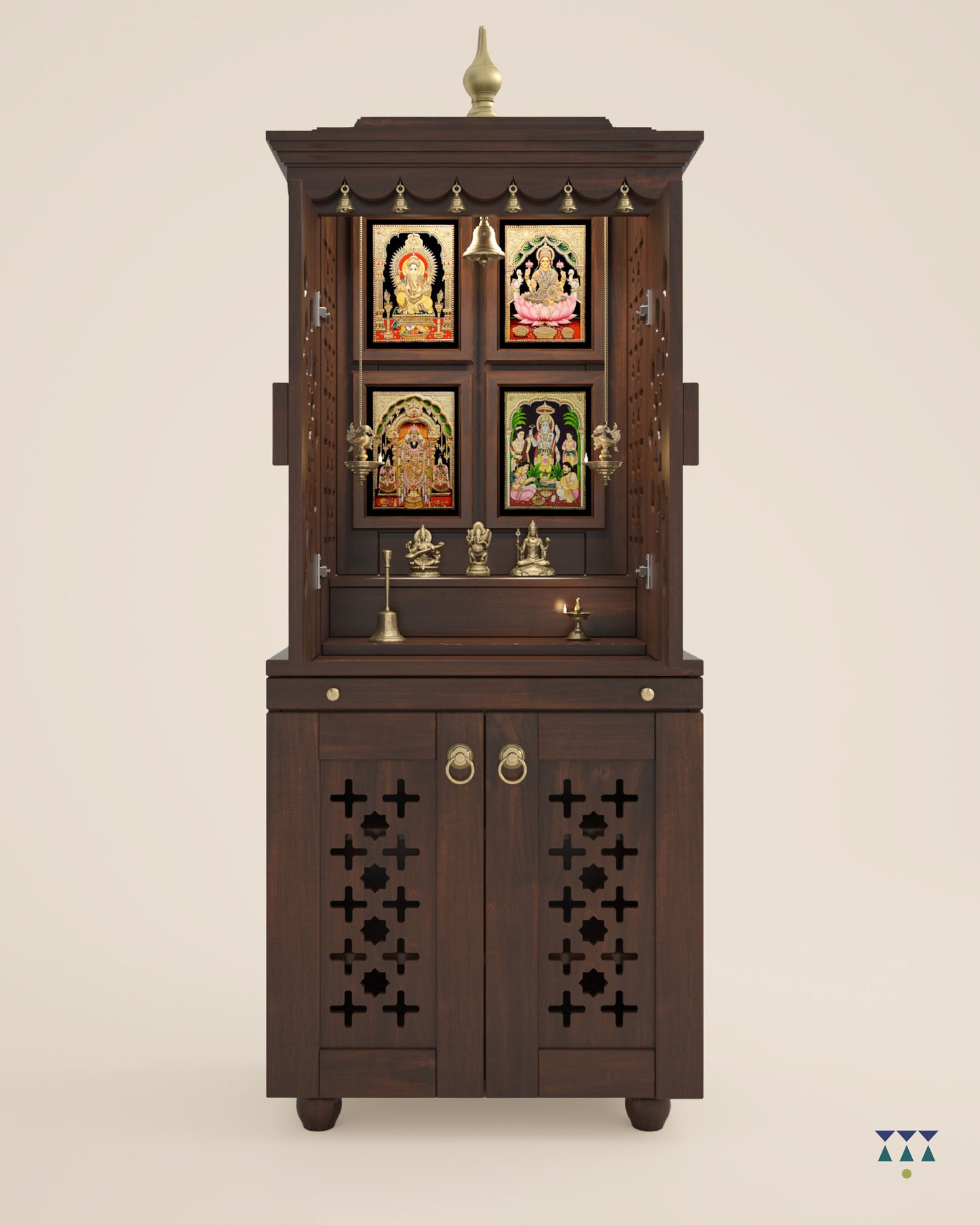 GAURYA - Beautiful Free Standing Puja Mandapam with Doors & Brass Accents