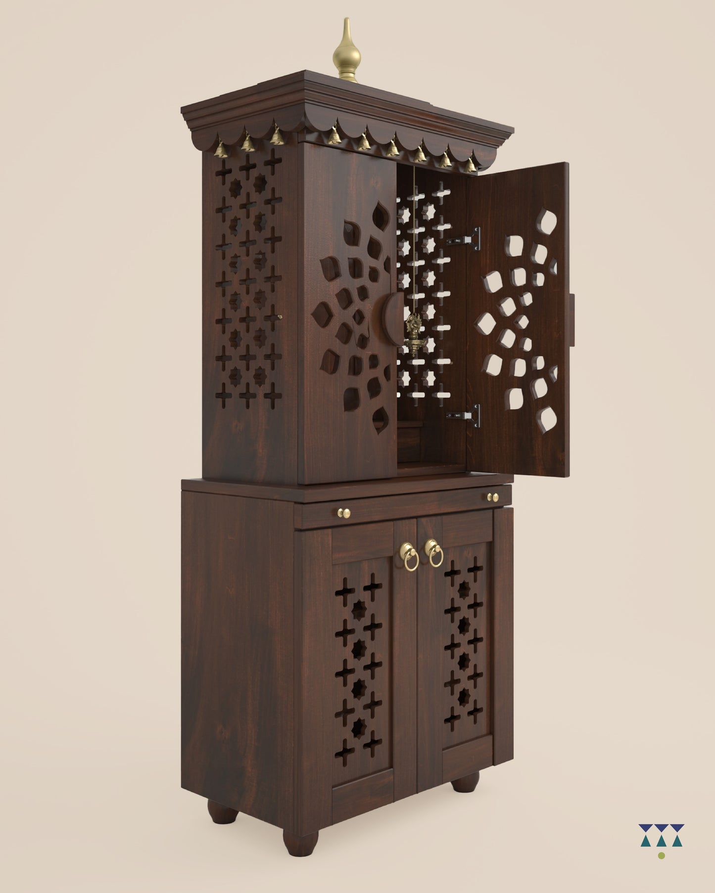GAURYA - Beautiful Free Standing Puja Mandapam with Doors & Brass Accents