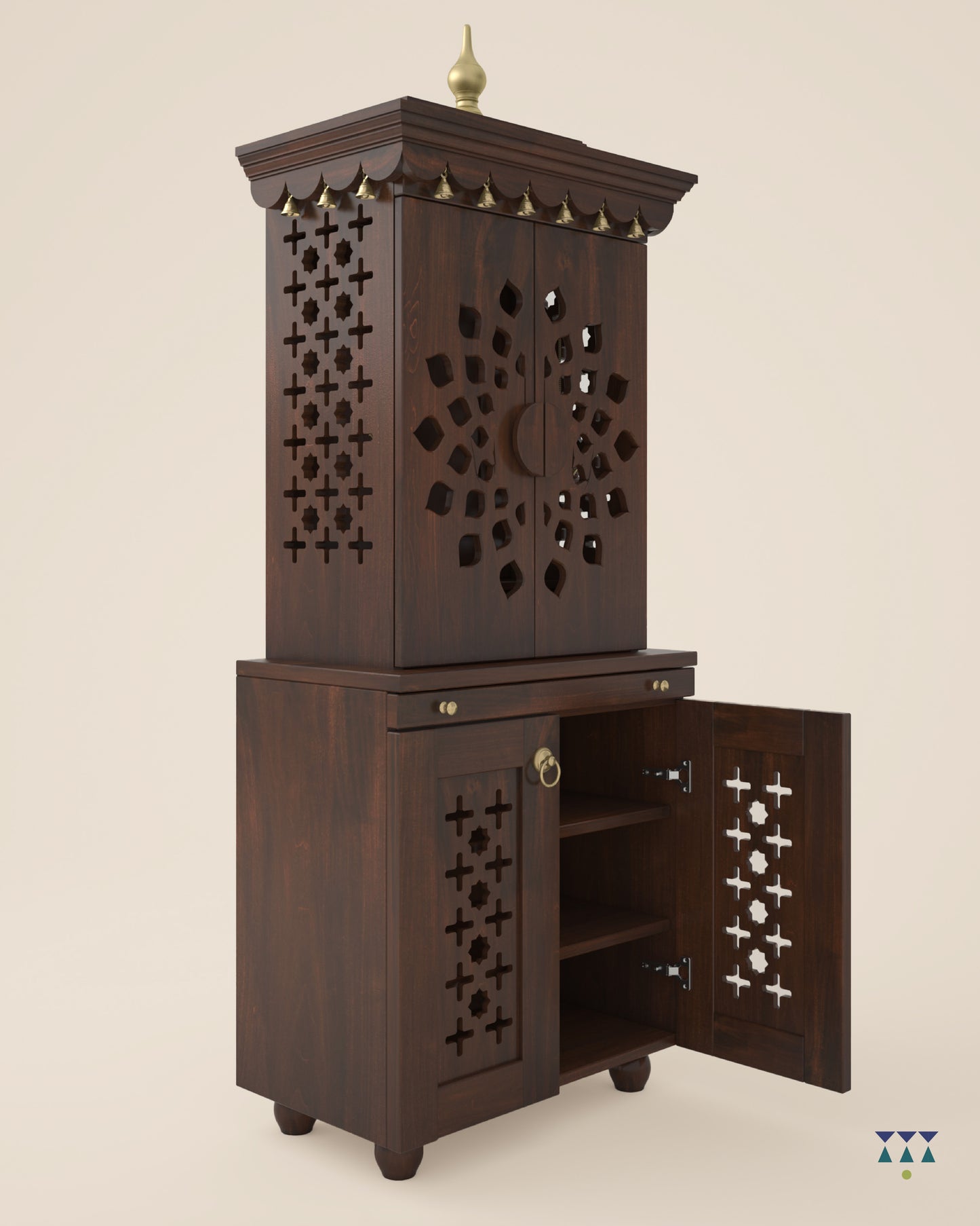GAURYA - Beautiful Free Standing Puja Mandapam with Doors & Brass Accents