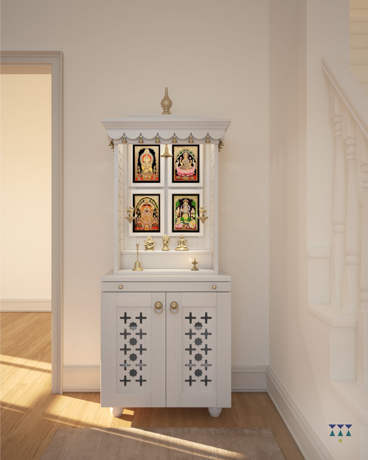 GAURYA - Beautiful Free Standing Puja Mandapam with Brass Accents & Storage Unit