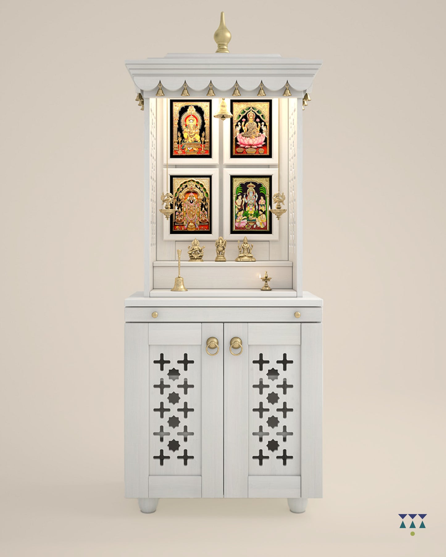 GAURYA - Beautiful Free Standing Puja Mandapam with Brass Accents & Storage Unit