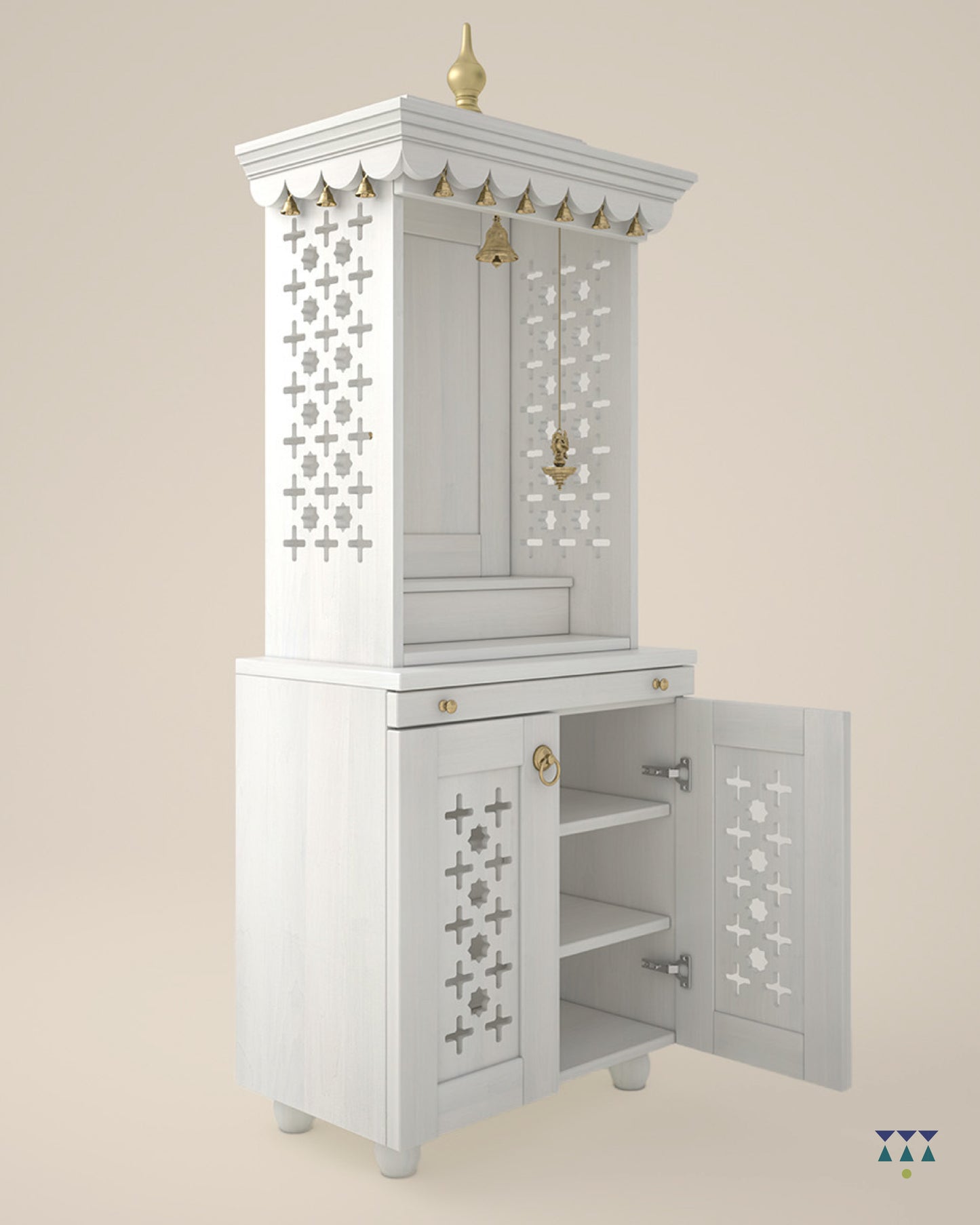 GAURYA - Beautiful Free Standing Puja Mandapam with Brass Accents & Storage Unit