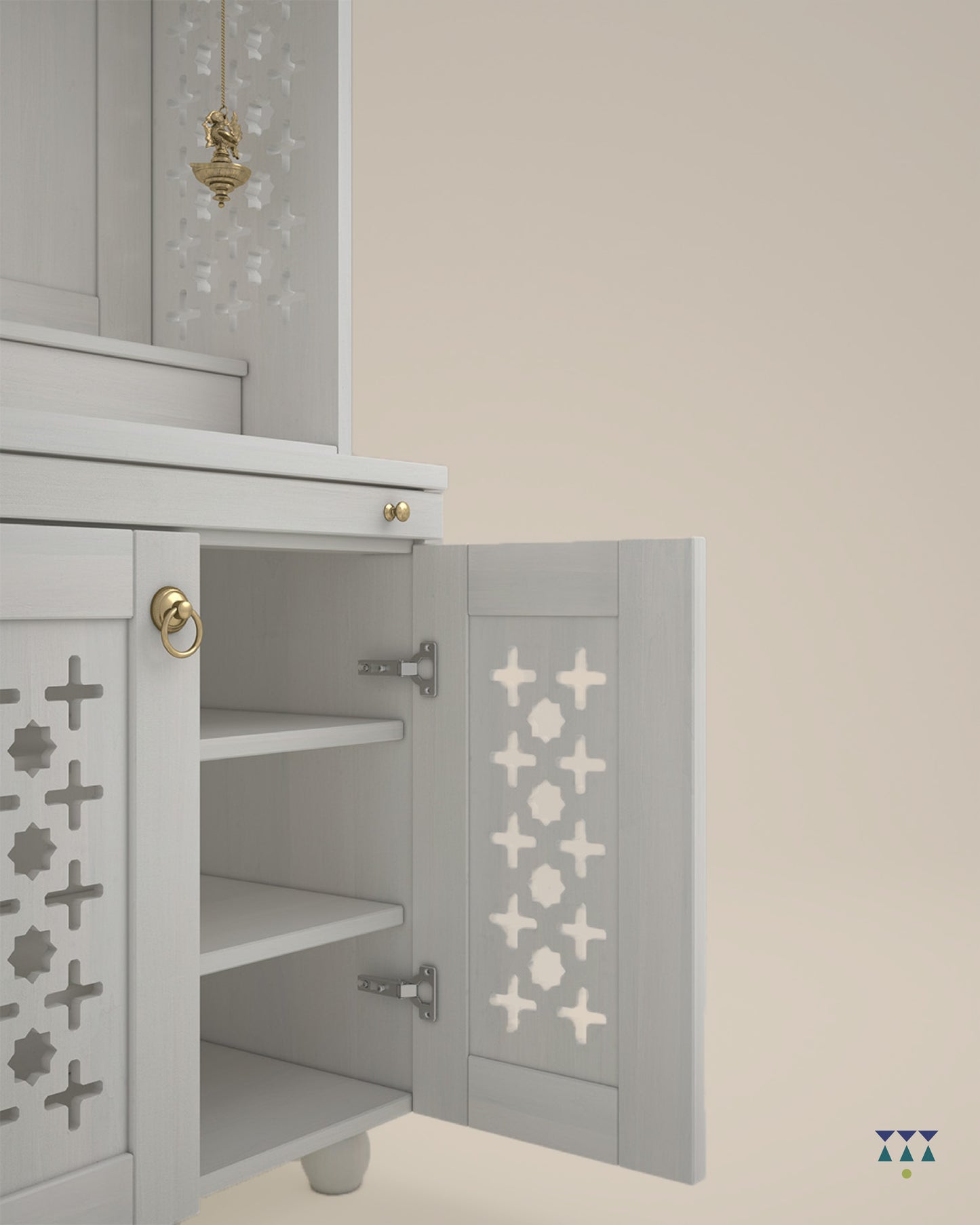 GAURYA - Beautiful Free Standing Puja Mandapam with Brass Accents & Storage Unit