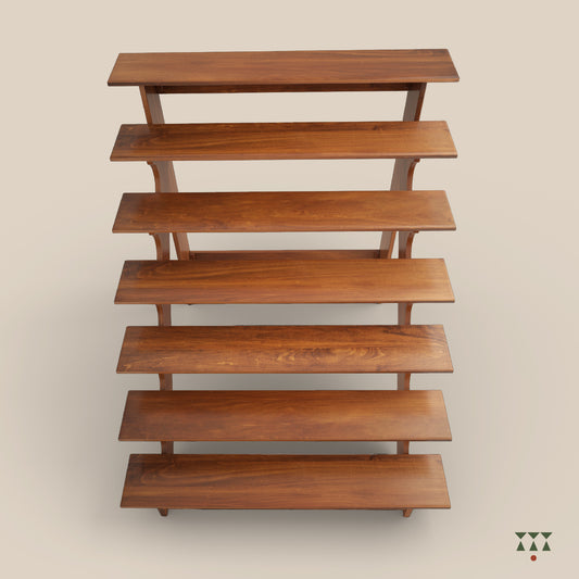 7 Golu steps crafted in solid wood that beautifully showcase festive dolls during Navratri, tinted in almond brown